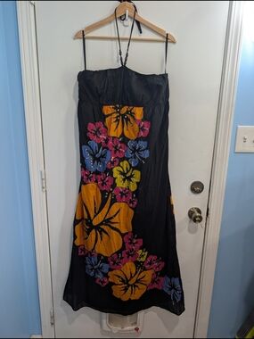 Vasna Desire Black Floral Smocked Halter Maxi Dress Size XL